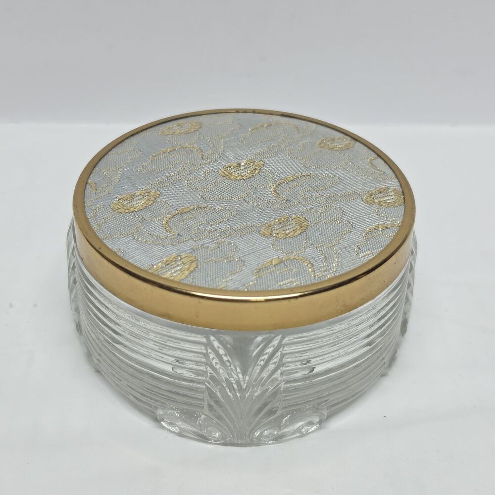Vintage Art Deco Round Glass Powder Jar with Metal Lid Enclosing Gold Tapestry
